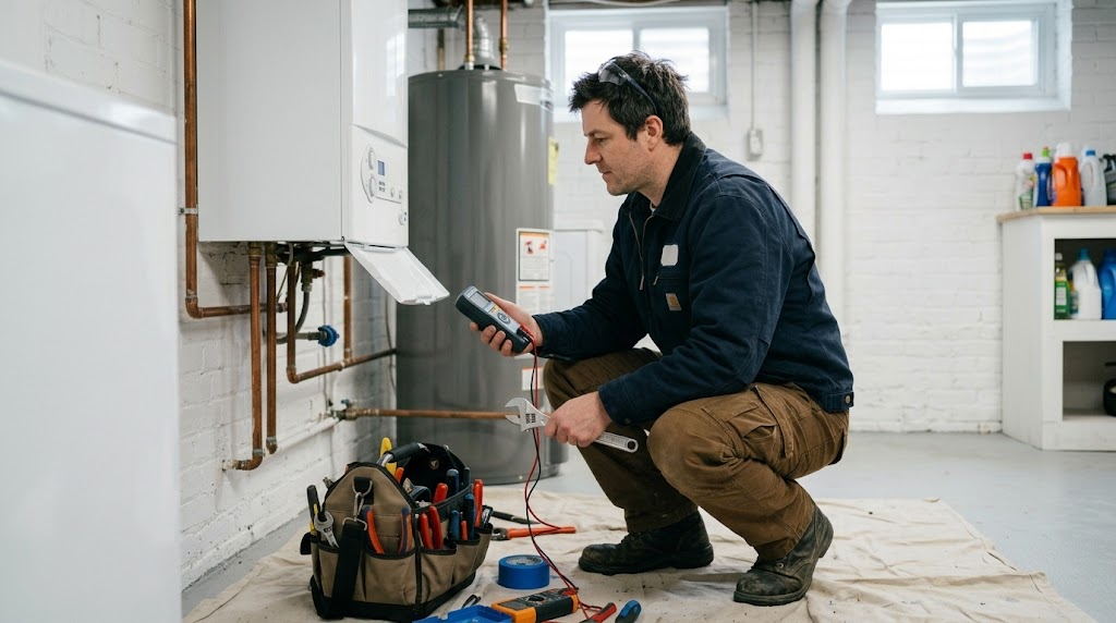 Technician servicing a high-efficiency residential boiler heating system in Allerton, Bronx
