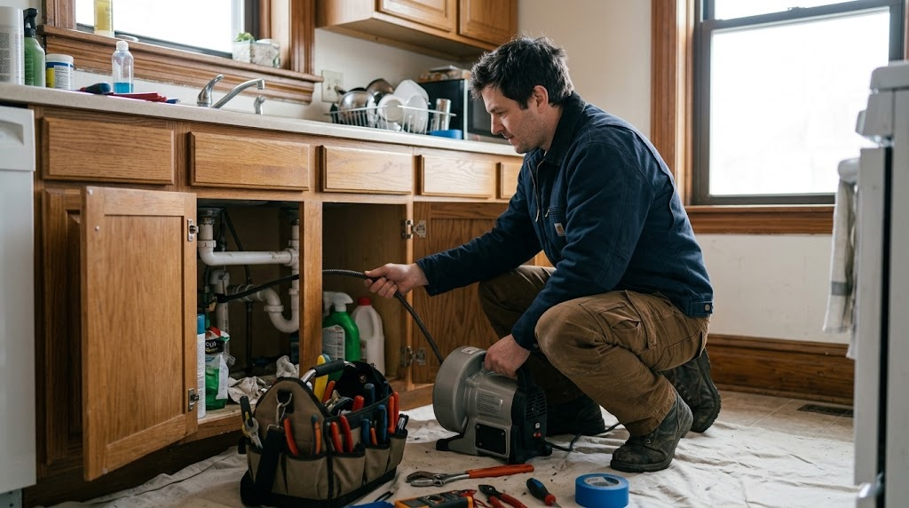 Plumber operating heavy-duty motorized drain cleaning machine in an Allerton apartment building