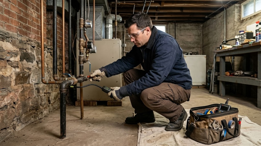 Licensed gas technician using electronic gas leak detector on threaded iron pipe in an Allerton boiler room