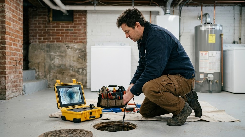 Plumbing crew preparing camera inspection equipment for main sewer lateral diagnostics in Allerton