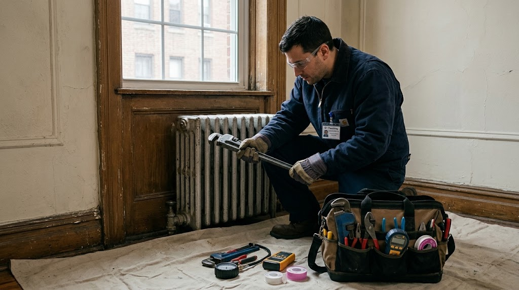 Plumber repairing a cast iron steam radiator valve and air vent in an Allerton apartment