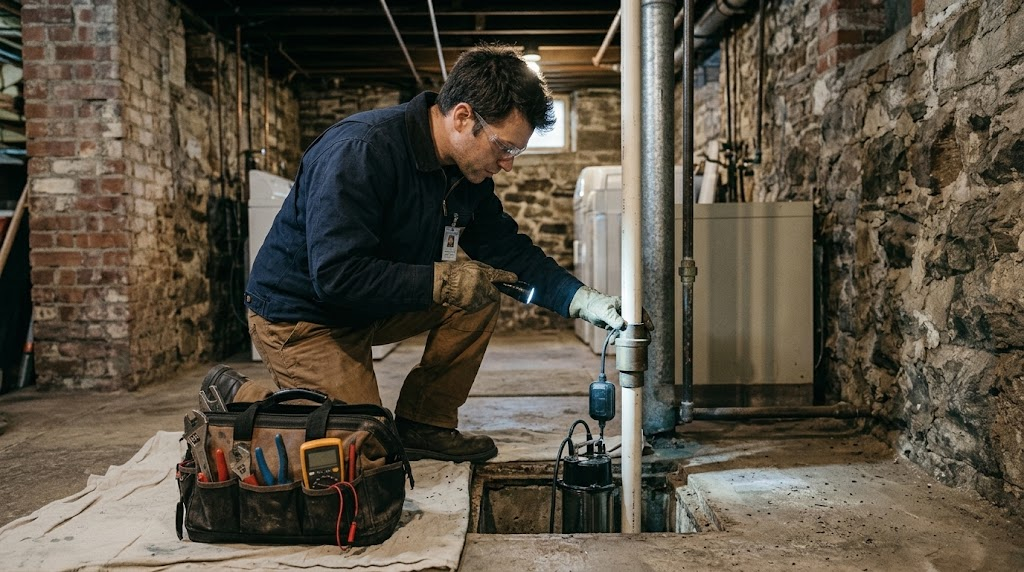 Plumber testing a dual submersible sump pump system with battery backup in an Allerton cellar
