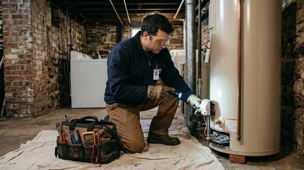 Plumbing technician testing burner pressure on a residential gas water heater in Allerton, Bronx